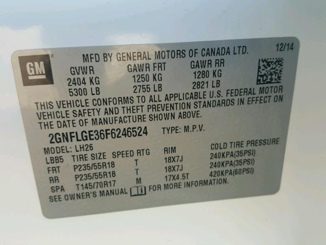 2GNFLGE36F6246524 - 2015 CHEVROLET EQUINOX LT WHITE photo 10