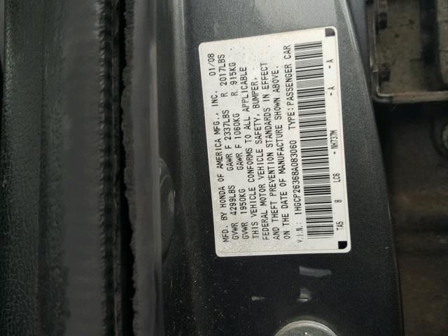 1HGCP26368A083060 - 2008 HONDA ACCORD LX GRAY photo 10