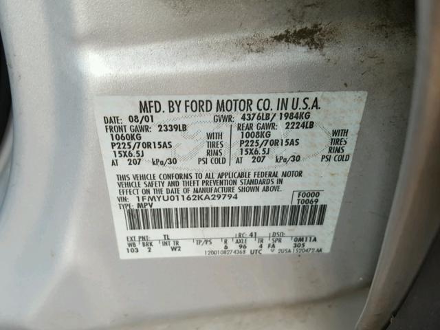 1FMYU01162KA29794 - 2002 FORD ESCAPE XLS SILVER photo 10