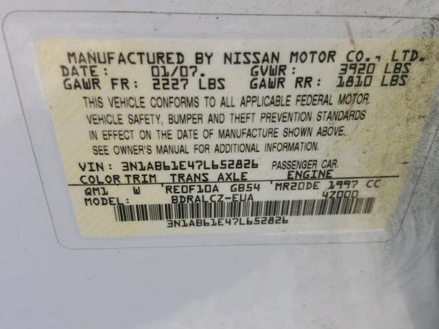 3N1AB61E47L652826 - 2007 NISSAN SENTRA 2.0 WHITE photo 10