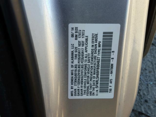 5FNRL5H69FB004627 - 2015 HONDA ODYSSEY EX SILVER photo 10