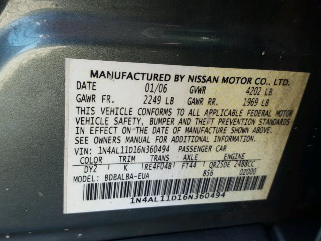 1N4AL11D16N360494 - 2006 NISSAN ALTIMA S GREEN photo 10