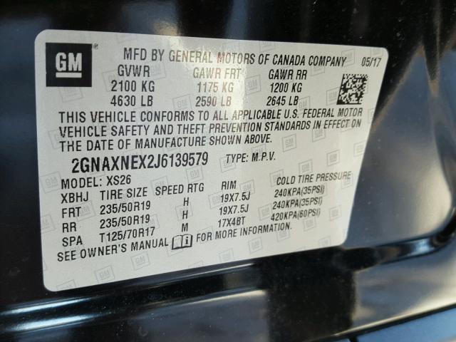 2GNAXNEX2J6139579 - 2018 CHEVROLET EQUINOX PR BLACK photo 10