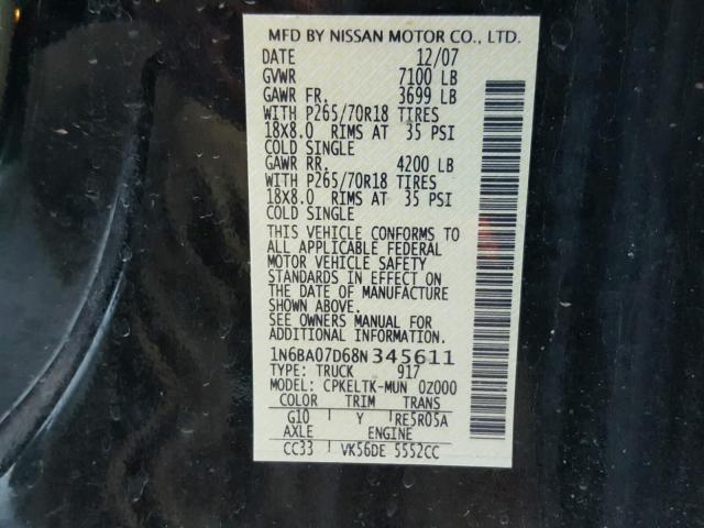 1N6BA07D68N345611 - 2008 NISSAN TITAN XE BLACK photo 10