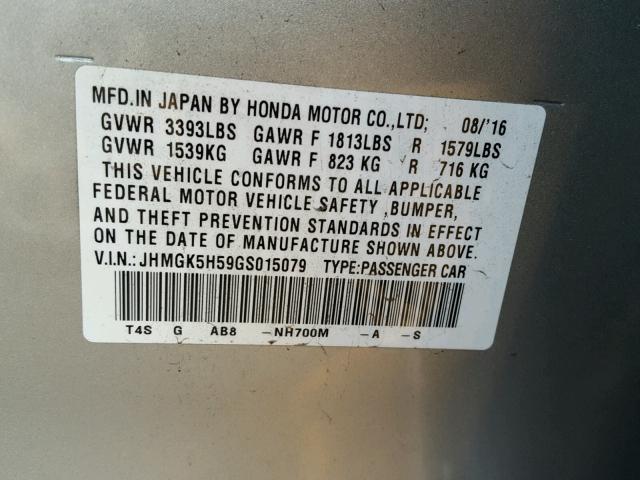 JHMGK5H59GS015079 - 2016 HONDA FIT LX فضي صورة 10