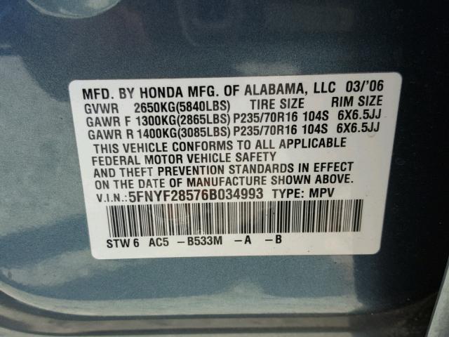 5FNYF28576B034993 - 2006 HONDA PILOT EX BLUE photo 10