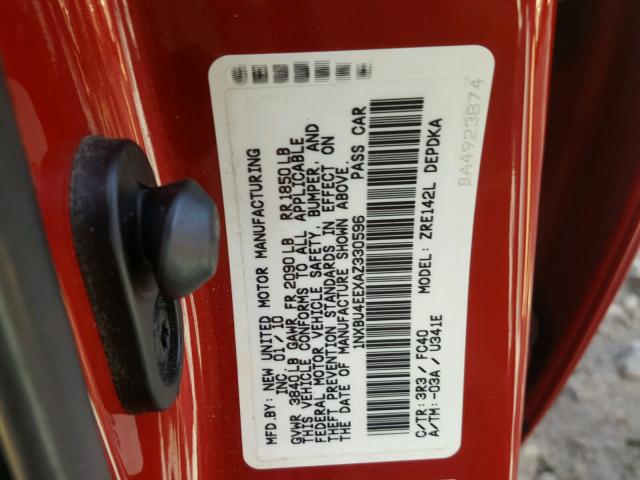 1NXBU4EEXAZ330596 - 2010 TOYOTA COROLLA BA RED photo 10