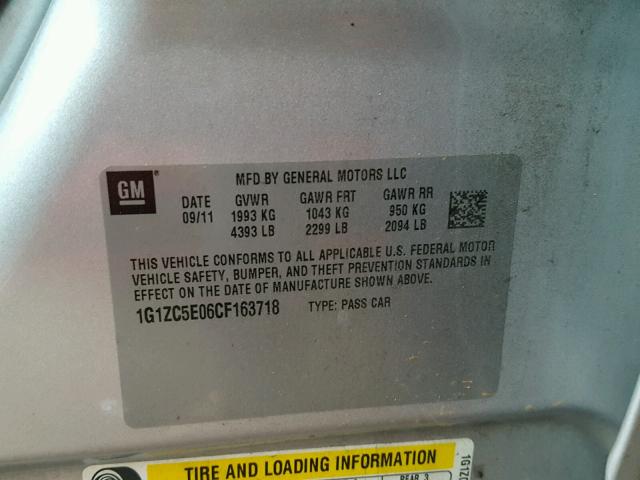 1G1ZC5E06CF163718 - 2012 CHEVROLET MALIBU 1LT ვერცხლისფერი ფოტო 10