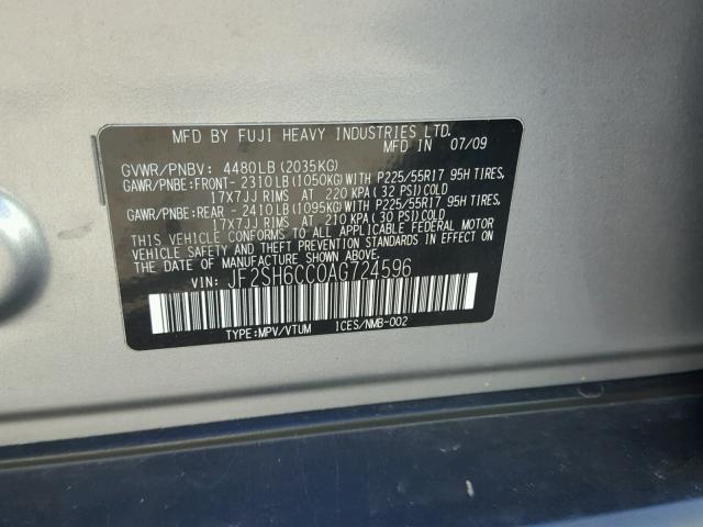 JF2SH6CC0AG724596 - 2010 SUBARU FORESTER 2 SILVER photo 10