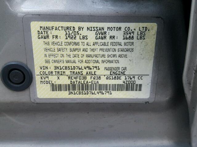 3N1CB51D76L496791 - 2006 NISSAN SENTRA 1.8 SILVER photo 10