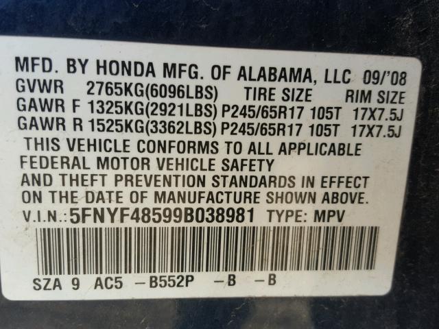 5FNYF48599B038981 - 2009 HONDA PILOT EXL BLUE photo 10