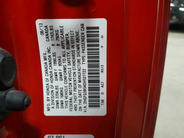 2HGFG3B54DH527722 - 2013 HONDA CIVIC LX RED photo 10