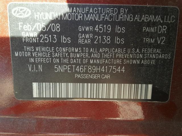 5NPET46F89H417544 - 2009 HYUNDAI SONATA GLS BURGUNDY photo 10