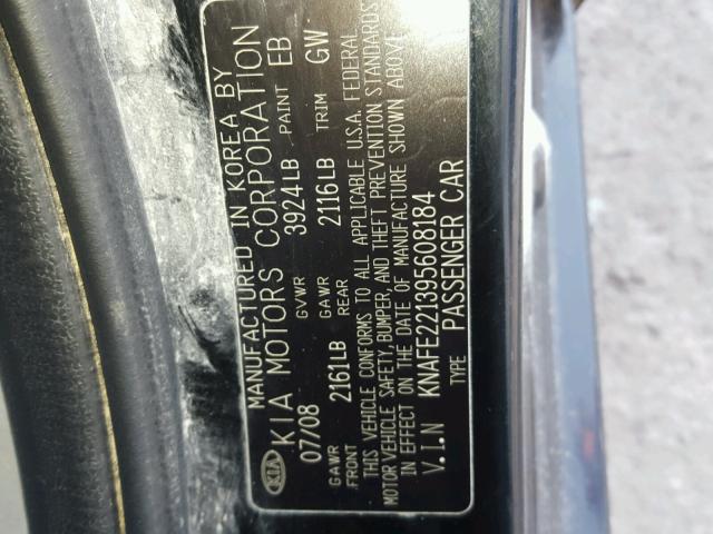 KNAFE221395608184 - 2009 KIA SPECTRA EX BLACK photo 10