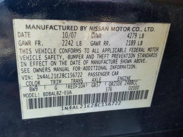 1N4AL21E28C156722 - 2008 NISSAN ALTIMA 2.5 BURN photo 10