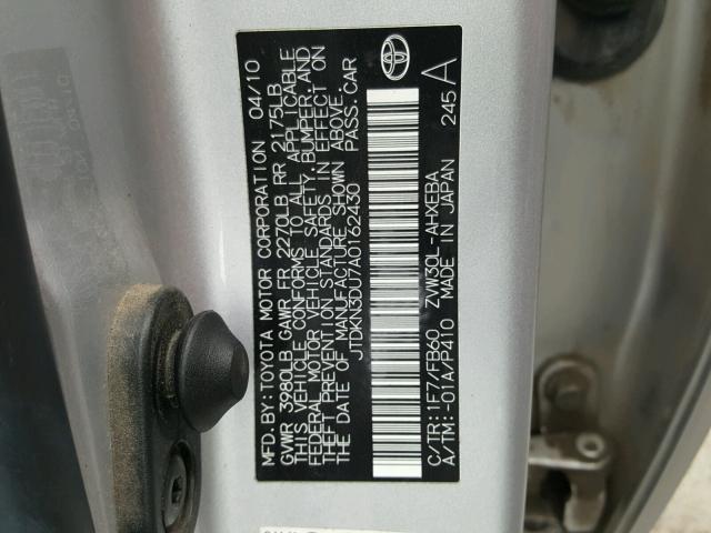 JTDKN3DU7A0162430 - 2010 TOYOTA PRIUS SILVER photo 10