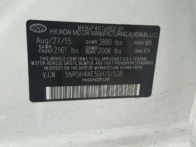 5NPDH4AE5GH751538 - 2016 HYUNDAI ELANTRA SE WHITE photo 10