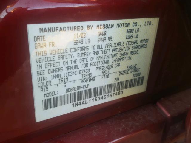 1N4AL11E34C167460 - 2004 NISSAN ALTIMA BAS RED photo 10