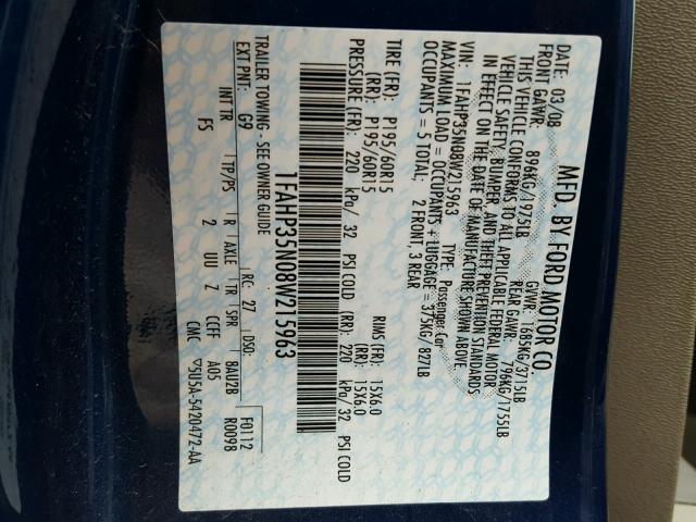 1FAHP35N08W215963 - 2008 FORD FOCUS SE BLUE photo 10