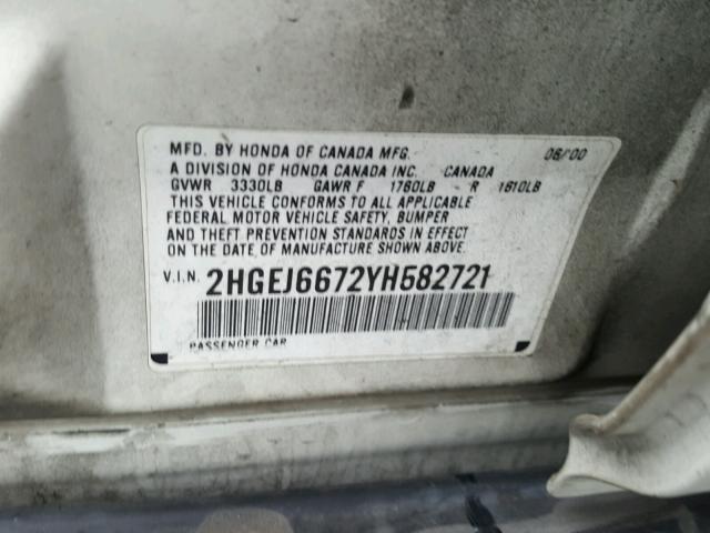 2HGEJ6672YH582721 - 2000 HONDA CIVIC LX WHITE photo 10