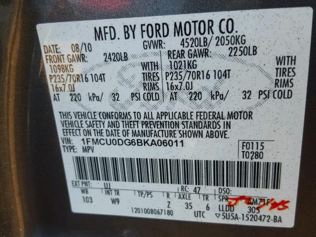 1FMCU0DG6BKA06011 - 2011 FORD ESCAPE XLT GRAY photo 10