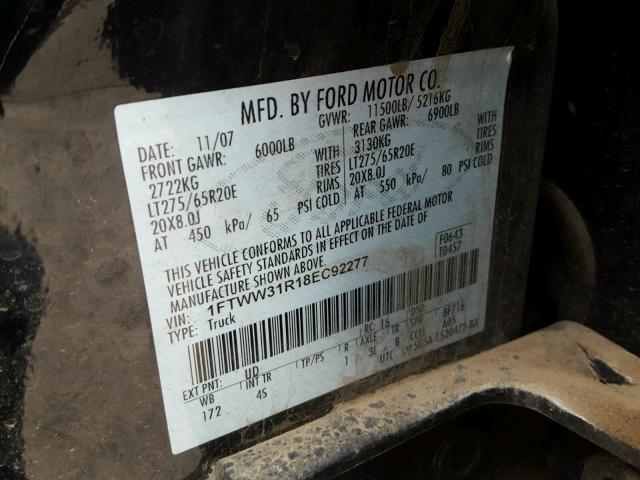 1FTWW31R18EC92277 - 2008 FORD F350 SRW S BLACK photo 10