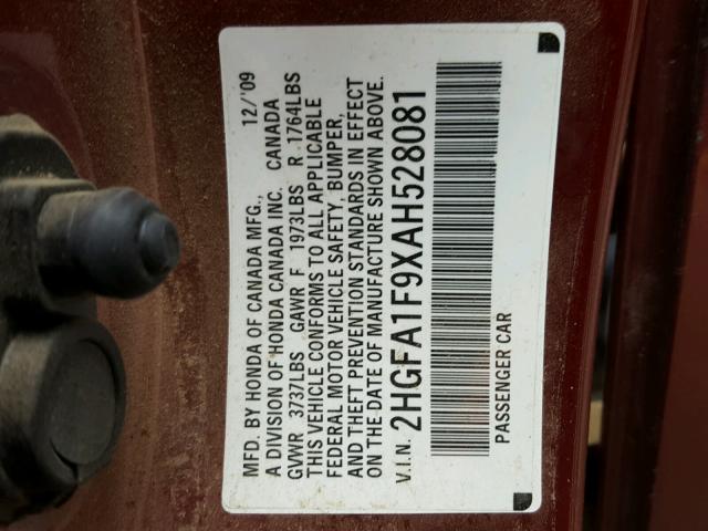 2HGFA1F9XAH528081 - 2010 HONDA CIVIC EXL Kasztanowy zdjęcie 10