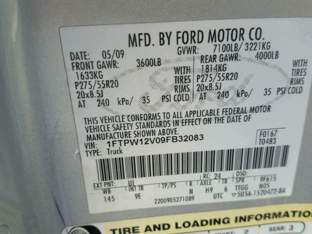 1FTPW12V09FB32083 - 2009 FORD F150 SUPER SILVER photo 10