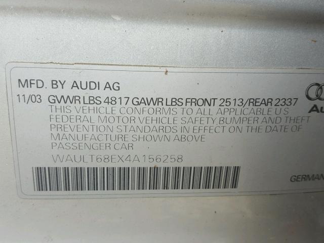 WAULT68EX4A156258 - 2004 AUDI A4 3.0 QUA SILVER photo 10