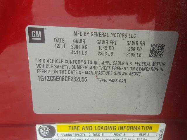 1G1ZC5E06CF232066 - 2012 CHEVROLET MALIBU 1LT RED photo 10