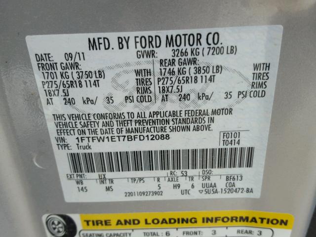 1FTFW1ET7BFD12088 - 2011 FORD F150 SUPER SILVER photo 10