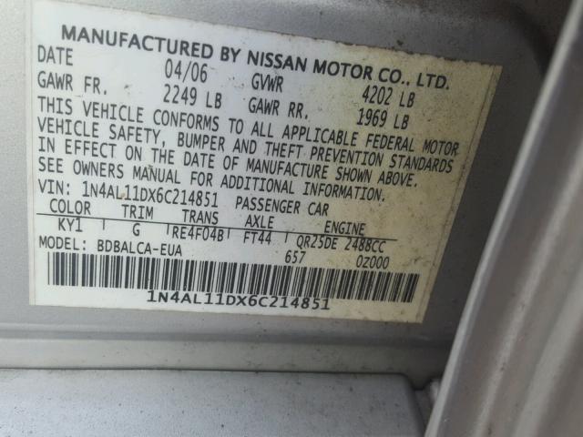 1N4AL11DX6C214851 - 2006 NISSAN ALTIMA S GRAY photo 10