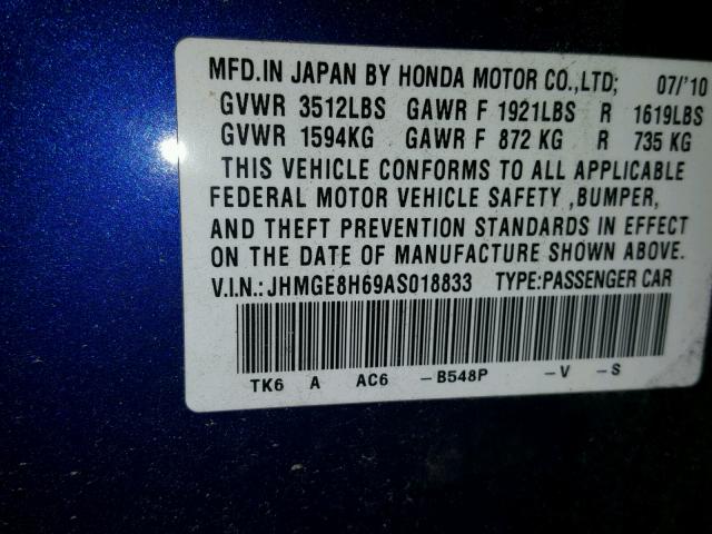 JHMGE8H69AS018833 - 2010 HONDA FIT SPORT BLUE photo 10