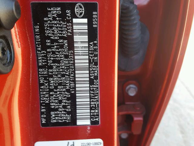 4T1BF1FK7EU763375 - 2014 TOYOTA CAMRY L RED photo 10