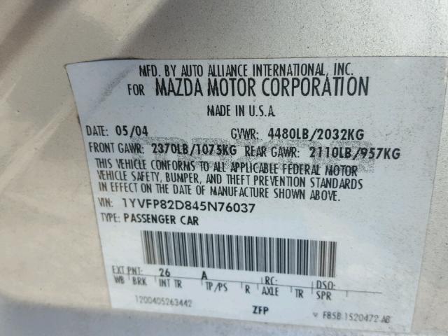 1YVFP82D845N76037 - 2004 MAZDA 6 S SILVER photo 10