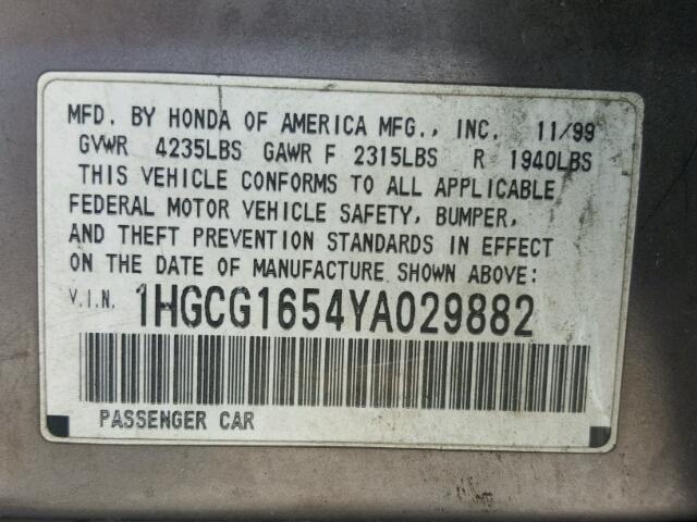 1HGCG1654YA029882 - 2000 HONDA ACCORD EX PURPLE photo 10