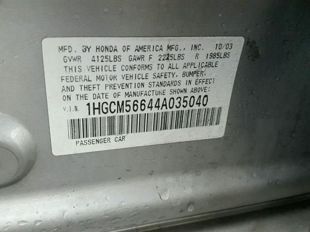 1HGCM56644A035040 - 2004 HONDA ACCORD EX SILVER photo 10