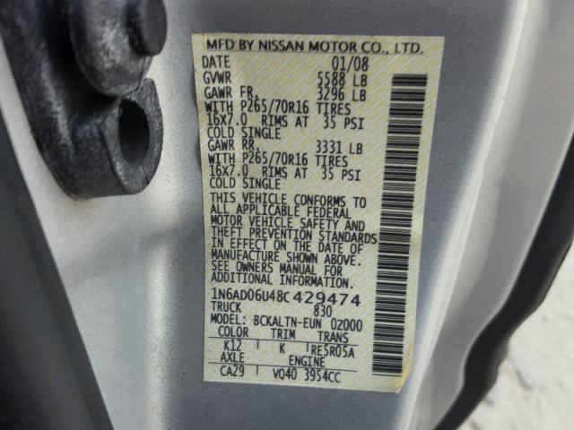 1N6AD06U48C429474 - 2008 NISSAN FRONTIER K SILVER photo 10