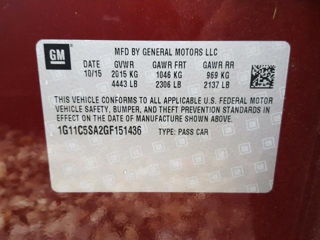 1G11C5SA2GF151436 - 2016 CHEVROLET MALIBU LIM 栗色 照片 10