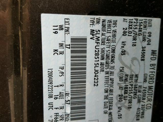 5LMFU28515LJ04232 - 2005 LINCOLN NAVIGATOR CHARCOAL photo 10