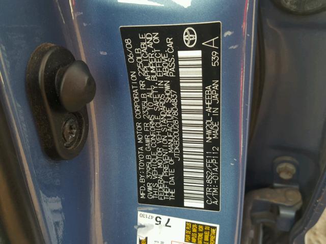 JTDKB20U287804837 - 2008 TOYOTA PRIUS BLUE photo 10