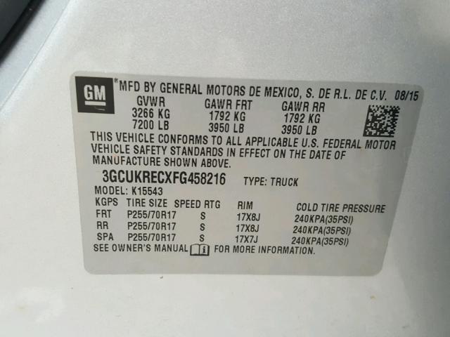 3GCUKRECXFG458216 - 2015 CHEVROLET SILVERADO SILVER photo 10