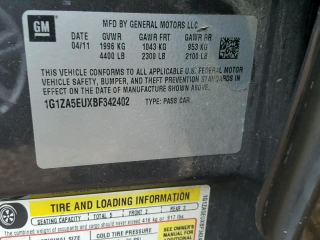 1G1ZA5EUXBF342402 - 2011 CHEVROLET MALIBU LS გრაფიტი ფოტო 10