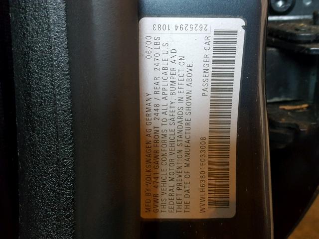 WVWLH63B01E033008 - 2001 VOLKSWAGEN PASSAT GLX BLACK photo 10