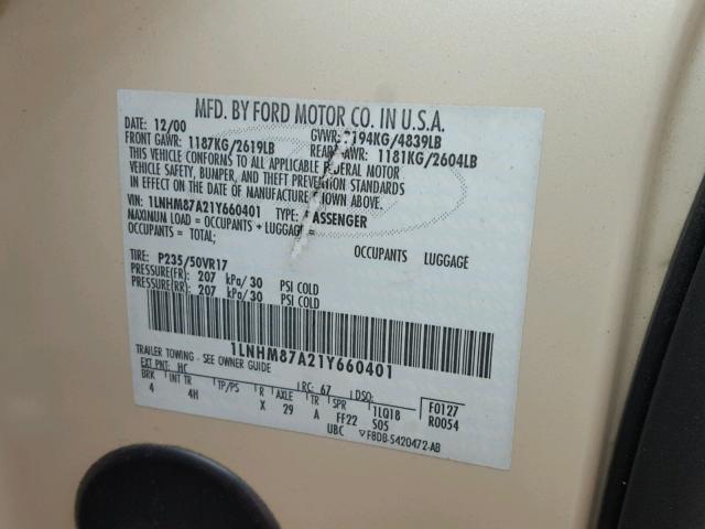 1LNHM87A21Y660401 - 2001 LINCOLN LS BEIGE photo 10