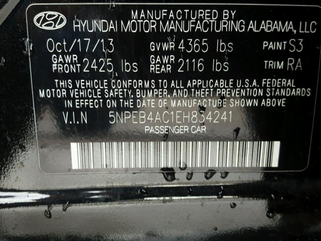 5NPEB4AC1EH834241 - 2014 HYUNDAI SONATA GLS BLACK photo 10