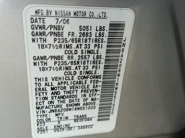 JN8AZ08W16W551020 - 2006 NISSAN MURANO SL SILVER photo 10