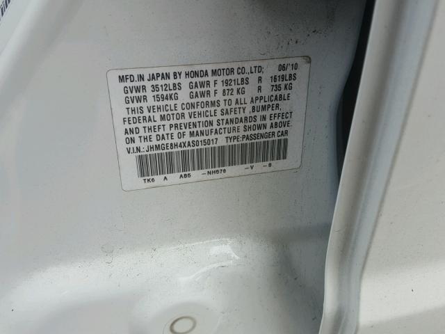 JHMGE8H4XAS015017 - 2010 HONDA FIT SPORT WHITE photo 10