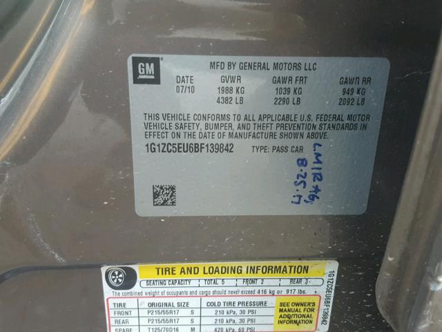 1G1ZC5EU6BF139842 - 2011 CHEVROLET MALIBU 1LT TAN photo 10