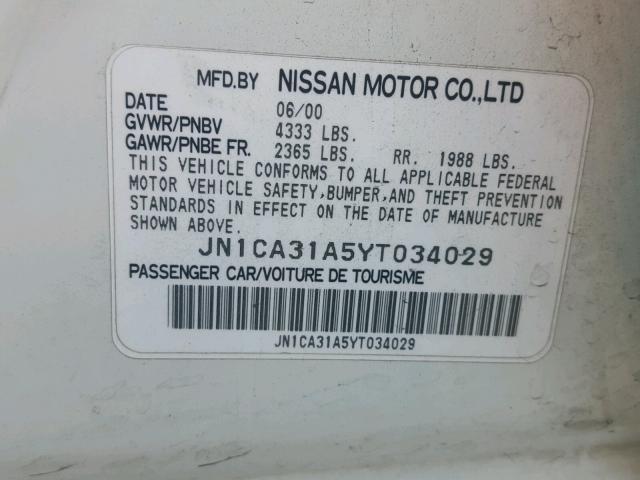 JN1CA31A5YT034029 - 2000 NISSAN MAXIMA GLE WHITE photo 10